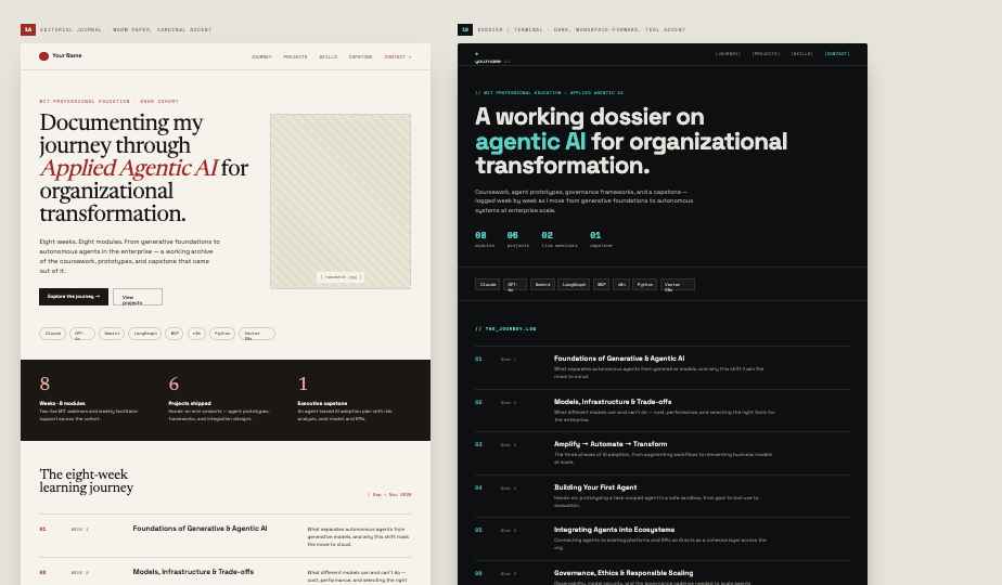 AI-generated website mockup: cream background, terracotta accents, eight-week timeline